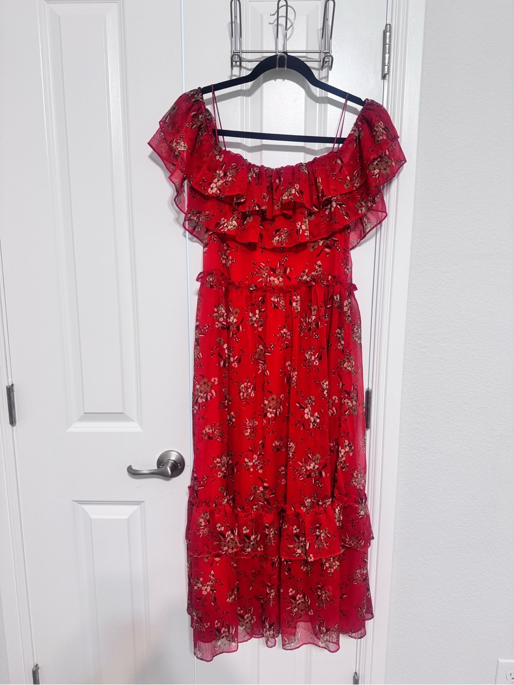 Zara Red Floral Ruffle-Trim Midi Dress